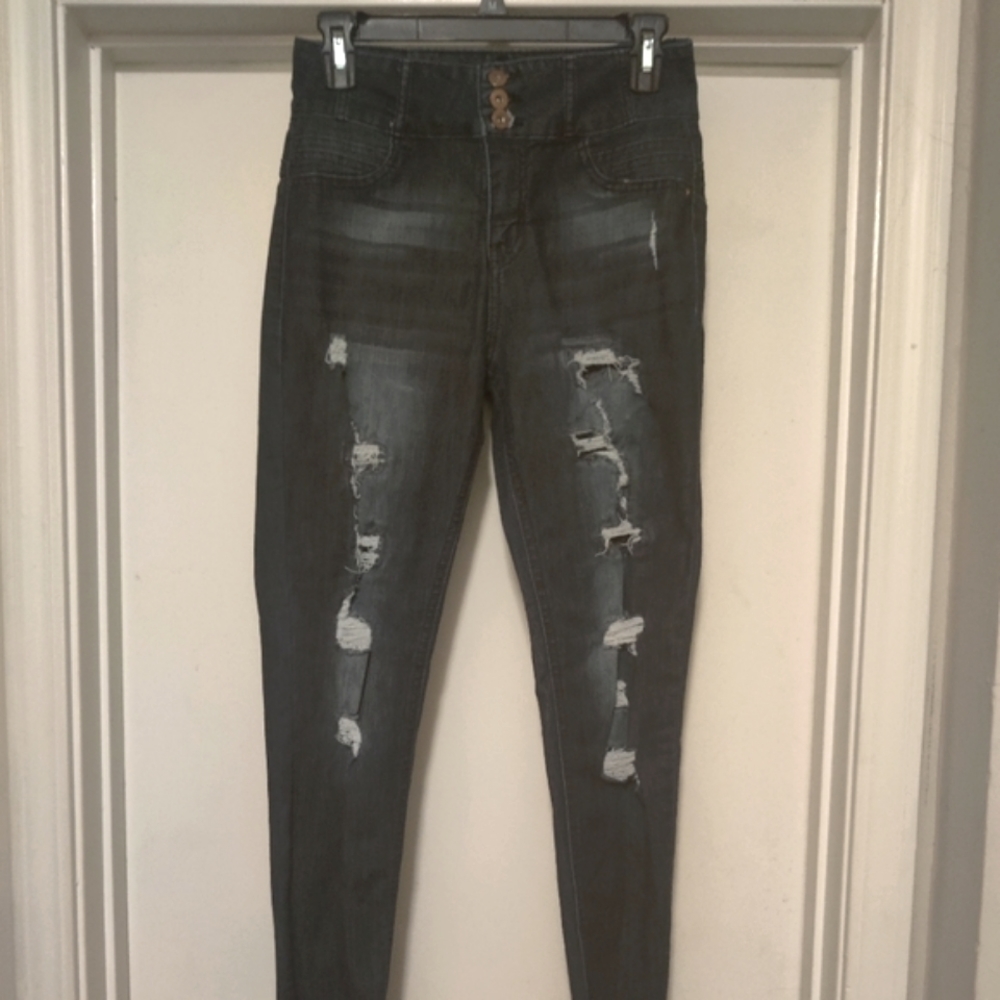 High Rise Blue Denim Destroyed Ripped Jeans